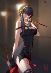 assassin black_dress black_hair blood blood_on_arm blood_on_breasts blood_on_thighs dress hair_ornament long_hair looking_at_viewer red_eyes ripped_clothing rose_petals spy_x_family stiletto_(weapon) thorn_princess yor_briar