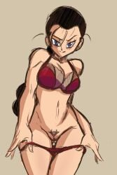 bedroom_eyes black_hair braid braided_hair dragon_ball dragon_ball_gt lemonjoojoo lingerie pubic_hair pulling_down_panties red_bra videl videl_(gt_saga)