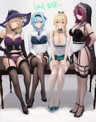 4girls alternate_costume apron arms_behind_back bangs bare_shoulders black_corset black_footwear black_gloves black_hairband black_thighhighs blonde_hair blue_eyes blue_hair blush bow bra breasts brown_hair chela77 choker cleavage cleavage_cutout closed_eyes clothing_cutout collarbone corset crossed_legs detached_sleeves elbow_gloves eula_(genshin_impact) female_only fishnet_thighhighs fishnets frills full_body garter_belt genshin_impact gloves grin habit hair_between_eyes hair_ornament hairband hairbow hand_on_own_crotch hand_on_own_knee hands_on_own_thighs hat high_heels highres jean_gunnhildr large_breasts legwear_garter light-skinned_female light_skin lingerie lisa_(genshin_impact) long_hair looking_at_viewer maid medium_hair multicolored_hair multiple_girls panties panties_over_garter_belt ponytail purple_eyes purple_hair purple_headwear red_hair rosaria_(genshin_impact) short_hair sidelocks simple_background sitting sitting_on_table skindentation smile standing streaked_hair table thighhighs underwear unfinished waist_apron white_background white_thighhighs witch_hat