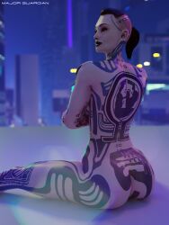 1girls 3d 3d_(artwork) ass ass_focus body_tattoo brown_eyes female female_only jack_(mass_effect) major_guardian makeup mass_effect naked nude nude_female nudity short_hair smile smiling solo tattoo tattoos thick_lips wide_hips