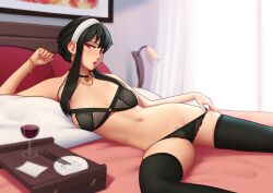 1girls bed belly belly_button black_bra black_hair black_legwear black_panties black_thighhighs blanket bottomwear bra bracelet breasts chopsticks clothed clothing collar curtains deilan12 dishes ear_ring earrings female female_only golden_earrings hairband hand_on_hip lamp legwear lingerie long_black_hair long_hair looking_at_viewer lying lying_on_bed matching_underwear napkin necklace neckwear nipples on_bed open_mouth panties panties_down panty_pull picture picture_frame pillow pussy pussy_hair red_eyes socks solo solo_female spread_legs spy_x_family thigh_socks thighhighs topwear white_hairband wine wine_glass yor_briar yor_forger