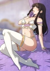 1girls astrid_(fire_emblem) bare_thighs bed black_hair bra breasts female female_only fire_emblem fire_emblem:_path_of_radiance fire_emblem:_radiant_dawn gloves heart heart-shaped_pupils highres kinkymation lingerie long_hair looking_at_viewer nintendo on_bed orange_eyes panties small_breasts solo symbol-shaped_pupils thighhighs thighs underwear white_panties