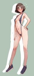 1girls blush breasts brown_eyes brown_hair eltonel embarrassed makoto_niijima navel o-ring_swimsuit one-piece_swimsuit persona persona_5 short_hair sling_bikini slingshot_swimsuit small_breasts swimsuit tennis_shoes