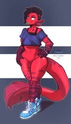 anthro blep bottomless clothed clothing cuntboy hi_res intersex jewelry male marine off_shoulder pantsless pussy red_body ren_(remanedur) solo sweet_chubbs thick_thighs tongue tongue_out wide_hips