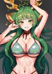 1girls antlers bikini breasts choker deer_ears eyebrows_visible_through_hair foxy_rain_(foxyreine) foxyrain_(foxyreine) foxyreine green_bikini green_eyes green_hair green_swimsuit haruka_karibu highleg highleg_bikini highleg_swimsuit large_breasts light-skinned_female light_skin long_hair looking_at_viewer narrow_waist navel painted_fingernails ribbon_choker swimsuit virtual_youtuber vshojo