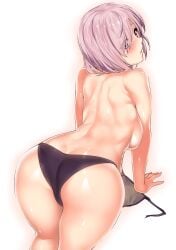 ass back bikini blush breasts fate/grand_order fate_(series) female hair_over_one_eye highres kawai_(purplrpouni) large_breasts light_purple_hair looking_at_viewer looking_back mash_kyrielight purple_bikini purple_eyes simple_background solo swimsuit thighs topless white_background