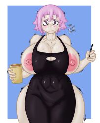 apron apron_only big_breasts breasts chrona_draws completely_naked completely_naked_female completely_nude completely_nude_female crona_(soul_eater) crona_female_(soul_eater) iced_latte_with_breast_milk massive_breasts meme muscular muscular_female naked naked_apron nipples nude pink_hair soul_eater starbucks thick_thighs thighs