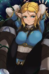 1girls bent_legs blonde_hair blush bondage braided_hair breath_of_the_wild clothing female female_only fully_clothed green_eyes looking_away lying lying_on_back medium_hair nintendo nox_(artist) noxcuro pointy_ears pout princess_zelda solo solo_female tears_of_the_kingdom the_legend_of_zelda zelda_(tears_of_the_kingdom)