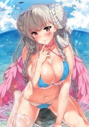 ahoge alternate_costume azur_lane bangs bikini blue_bikini blush braid breasts choker cleavage commentary double_bun feather_boa female formidable_(azur_lane) formidable_(the_lady_of_the_beach)_(azur_lane) grey_hair head_tilt highres kawai_(purplrpouni) kneeling large_breasts long_hair looking_at_viewer navel red_eyes sidelocks single_thighhigh solo swimsuit thighhighs very_long_hair wet