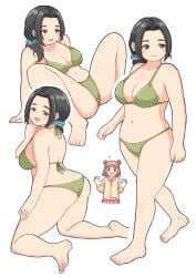 2girls ass barefoot big_breasts black_eyes black_hair blush brown_hair ebihara_naho feet female female_focus female_only green_swimsuit hair_bun idolmaster idolmaster_cinderella_girls legs legs_apart legs_held_open light-skinned_female light_skin looking_at_viewer looking_back low_ponytail milf multiple_girls munakata_atsumi noe_aoikaba on_knees school_uniform simple_background smiling thick thick_eyebrows thick_thighs white_background