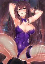 animal_ears armpits arms_behind_head arms_up ass bangs bare_shoulders blush bow bowtie breasts bridal_garter bunnysuit cleavage collarbone covered_navel detached_collar fake_animal_ears fate/grand_order fate_(series) female fishnet_pantyhose fishnets hair_between_eyes highres kawai_(purplrpouni) large_breasts leotard long_hair looking_at_viewer official_alternate_costume pantyhose parted_lips playboy_bunny purple_bow purple_bowtie purple_hair purple_leotard purple_neckwear rabbit_ears rabbit_girl red_eyes scathach_(fate) scathach_(piercing_bunny) sexy_armpits smile solo spread_legs squatting thighs wrist_cuffs