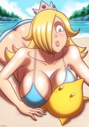 1girls 1other ass ass_cleavage beach beg4cake big_ass big_breasts bikini bikini_bottom bikini_top blonde_hair blue_eyes breasts busty butt_crack cleavage crown female_focus hair_over_one_eye huge_breasts large_breasts luma mario_(series) nintendo princess_rosalina solo_focus