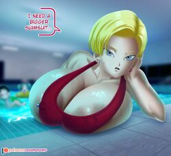 1girls alternate_version_available android android_18 android_girl areola areola_slip areolae big_breasts blonde_hair blue_eyes breasts busty cleavage doompypomp dragon_ball dragon_ball_super dragon_ball_z earrings huge_breasts large_breasts massive_breasts mature_female milf mother nipple_bulge nipple_piercing nipples pale-skinned_female pale_skin pool short_hair shounen_jump skimpy skimpy_bikini skimpy_clothes small_bikini tight_clothing voluptuous wardrobe_malfunction