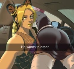 ass ass_focus female he_wants_to_order jojo's_bizarre_adventure jolyne_kujo male male_focus meme narciso_anasui selfie snapchat stone_ocean