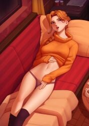 1girls breasts clothing deilan12 female leah_(stardew_valley) legs_together long_hair open_mouth panties purple_panties red_hair shirt solo_female stardew_valley sweater