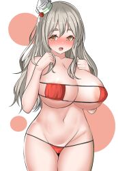 areola_slip big_breasts bikini blush cleavage cute ecchi eyepatch_bikini grey_hair hat huge_breasts kantai_collection large_areolae long_hair looking_at_viewer open_mouth pola_(kantai_collection) red_bikini smile swimsuit tf_cafe thick_eyebrows underboob wavy_hair wide_hips yellow_eyes