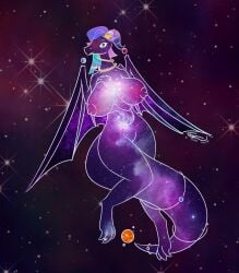 2019 absurd_res anthro big_breasts blue_eyes blush breasts colored cosmic_background cosmic_flesh cosmic_hair detailed_background digital_drawing_(artwork) digital_media_(artwork) digitigrade dragon ethereal_hair female floating genitals hand_on_breast hand_on_stomach hi_res jewelry keinga line_art looking_at_viewer neck_ring nipples nude planet pussy scalie signature simple_background solo star thick_tail thick_thighs wings