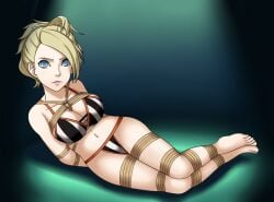 arms_tied_behind_back blonde_hair blue_eyes bondage bra breasts dankestofdans large_breasts legs_tied lisa_silverman multicolored_bra multicolored_panties panties persona persona_2 rope rope_between_breasts rope_bondage short_hair