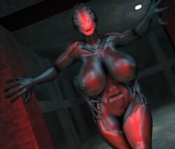 3d 4_arms anthro areola big_breasts black_areola black_nipples bone border breasts containment darkness door female fingers genitals glass hair hanging_breasts hi_res huge_breasts in_heat inside iron long_legs looking_at_viewer mantrinrus multi_arm multi_limb muscular muscular_female nipples nude pussy red_light reptile rotting_flesh scalie scp-682 scp_foundation skull skull_head solo teeth torso