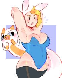 1girls adventure_time armpits arms_behind_head black_eyes black_thighhighs blonde_hair blush breasts bunny_ears bunnysuit cake_the_cat cartoon_network chubby_female feline female female_only fionna_the_human_girl hanaarts hi_res sexy_armpits thick_thighs thigh_squish thighhighs