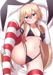 bikini blonde_hair blush bunny_ears female gloves kantai_collection shimakaze_(kantai_collection) small_breasts striped_legwear swimwear thighhighs thong tiemu_(man190) yellow_eyes