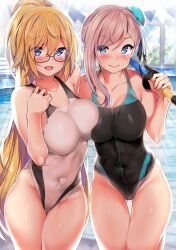 2girls ahoge asymmetrical_hair backlighting bangs bare_shoulders black_one-piece_swimsuit blonde_hair blue_eyes blue_one-piece_swimsuit blush breasts bun_cover closed_mouth collarbone competition_swimsuit covered_navel cowboy_shot day fate/grand_order fate_(series) glasses hair_between_eyes hair_bun halterneck highleg highleg_swimsuit highres indoors jeanne_d'arc_(fate) jeanne_d'arc_(ruler)_(fate) jeanne_d'arc_(swimsuit_archer)_(fate) kawai_(purplrpouni) large_breasts legs_together long_hair looking_at_viewer miyamoto_musashi_(fate) miyamoto_musashi_(fate/grand_order) miyamoto_musashi_(swimsuit_berserker)_(fate) multiple_girls one-piece_swimsuit open_mouth pink_hair ponytail pool side-by-side single_side_bun smile standing standing_on_one_leg swept_bangs swimsuit thighs toy_sword two-tone_swimsuit very_long_hair water white_one-piece_swimsuit