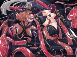 amooooo217 armor cassandra_maxwell dark-skinned_female dark_hair fantasy female huge_breasts light-skinned_female muscular_female olexa_vrane tentacle tentacle_monster tentacle_on_female white_hair