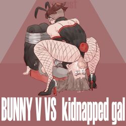 1boy 1girls annacrazytoivo blowjob bound bunny-v_(remiman) bunny_ears bunnysuit female femboy femboy_on_female fishnets heels male remiman squatting