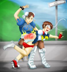 2girls angry_face blush chun-li defeated female female_only femdom loloasd multiple_girls over_the_knee_spanking panties_down punishment sailor_uniform sakura_kasugano shorts_down skirt_lift spanking street_fighter tears