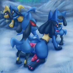 absurd_res alpha_pokémon anal anal_sex animal_genitalia animal_penis anthro anthro_on_anthro anthro_penetrated anthro_penetrating anthro_penetrating_anthro balls blubluumon bodily_fluids canine_penis cum cum_in_ass cum_in_mouth cum_inside cum_on_ground ejaculation erection fangs gay generation_4_pokemon genital_fluids genitals glowing glowing_eyes group hi_res knot lucario male male/male male_penetrated male_penetrating male_penetrating_male nintendo oral penetration penis pokemon pokemon_(species) red_eyes riolu sex shaded shiny_pokemon size_difference smile snow tail_grab tongue video_games