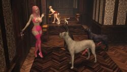 2girls 3d 4animals blonde_hair bra breasts canine canine_penis cunnilingus domestic_dog erection feral_on_female garter_straps high_heels imminent_sex indoors large_breasts large_penis long_hair looking_at_another panties pink_bra pink_hair pink_legwear pink_lingerie pink_panties stockings thick_thighs whitenightmare zoophilia