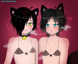 2boys black_hair blue_eyes bra cat_ears catboy emo femboy gay green_eyes nekoruna underwear wolf_ears wolf_tail