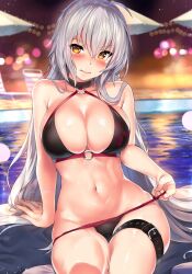 ahoge arm_support bikini bikini_pull black_bikini blanket blurry blush bokeh breasts chair cleavage clothes_pull collarbone commentary_request depth_of_field embarrassed fate/grand_order fate_(series) feet_out_of_frame female groin highres jeanne_alter jeanne_alter_(swimsuit_berserker) kawai_(purplrpouni) large_breasts lips long_hair lounge_chair mat mattress navel o-ring o-ring_bikini o-ring_top pool sitting skindentation stomach swimsuit thigh_strap umbrella v-shaped_eyebrows very_long_hair water white_hair yellow_eyes