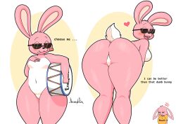 :3 angry angry_face anthro ass big_ass big_breasts blush breasts bubble_butt dialogue duracell duracell_bunny energizer energizer_bunny english_text eyewear featureless_breasts featureless_crotch female fur furry glasses heart hi_res huge_ass jhenightfox lagomorph looking_at_viewer looking_back pink_skin rabbit rabbit_ears rule_63 tail text thick_thighs wink