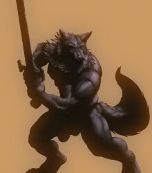 2022 anthro balls big_balls big_muscles big_penis brown_background bullstorm canid canine canis foreskin genitals holding_object holding_sword holding_weapon huge_cock humanoid_genitalia humanoid_penis male mammal melee_weapon muscular muscular_anthro muscular_arms muscular_legs muscular_male nude nude_male penis simple_background solo standing sword vein veiny_penis weapon wolf