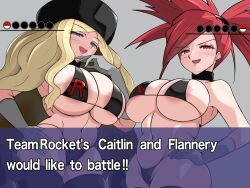 2girls alternate_breast_size alternate_costume alternate_version_available ass bangs bikini blonde_hair blue_eyes brainwashed breasts caitlin_(pokemon) collar colored corrupted corruption enemy_conversion evil_smile female female_only flannery_(pokemon) game_freak game_ui gloves hand_on_hip hat heart kia-shi large_ass large_breasts laughing laughing_at_viewer leggings long_hair looking_at_viewer navel nintendo pokemon pokemon_bw pokemon_rse ponytail red_eyes red_hair smiling smiling_at_viewer swept_bangs tagme team_rocket text text_box thick_thighs thighs very_long_hair