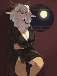 1girls animal_ears anthro antlers big_breasts blush cervid countershading female female_only full_moon fur furry furry_only hi_res kame_3 long_hair looking_at_viewer narrowed_eyes nightie smiling smiling_at_viewer solo solo_female twintails white_hair yellow_eyes yellow_fur