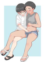 2girls androgynous belly belly_button black_eyes black_glasses black_hair blush blush_lines closed_eyes glasses hand_in_panties light_skin masturbating masturbation multiple_girls noe_aoikaba sandals shirt shirt_lift short_hair short_shorts shorts simple_background sitting small_breasts tan tan_body tan_skin thick_thighs tomboy very_short_hair yuri