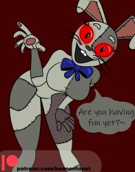 beanontoast bending_forward bow bowtie bunny bunny_costume bunny_ears bunnysuit female five_nights_at_freddy's five_nights_at_freddy's:_security_breach glowing glowing_eyes hand_on_thigh smiling smiling_at_viewer solo speech speech_bubble text thick_thighs vanny vanny_(fnaf) waving