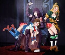 3girls after_spanking ass blonde_hair blue_eyes blue_panties blush boots brown_hair castlevania charlotte_aulin dress_raised_for_spanking female female_only femdom femsub green_panties high_heels lezdom lolasd maria_renard multiple_girls multiple_subs one_eye_closed over_the_knee_spanking panties panties_down panty_pull partially_clothed polka_dot polka_dot_panties purple_hair red_ass shanoa skirt_up smirk spank_marks spanked spanking tears thigh_boots thighhighs yellow_eyes yuri