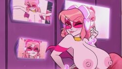 accurate_art_style cartoon_network closed_eyes exhibitionism female hyper_breasts medium_hair miss_heed_(villainous) nerota one_eye_closed pink_hair pink_nipples pink_skin screencap screenshot screenshot_edit smile solo_female superheroine tagme television villainous