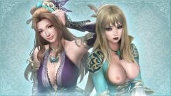 2girls 3d 3d_(artwork) alternate_hairstyle areolae armwear asian asian_female bangs big_breasts black_lipstick blonde_hair breasts_out chinese_clothes cleavage cyan_background deep_cleavage dress dynasty_warriors dynasty_warriors_8 edit edited erect_nipples eyeshadow goth goth_girl hand_on_head headwear large_breasts light_brown_hair milf necklace neckwear nipples official_art ponytail stepdaughter stepmother stepmother_and_stepdaughter tied_hair wang_yuanji zhang_chunhua