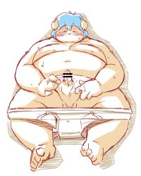 2022 after_masturbation anthro belly big_belly blue_hair blush bodily_fluids canid canine canis censored clothed clothing cum cum_on_hand cum_on_penis domestic_dog genital_fluids genitals hair humanoid_genitalia humanoid_hands humanoid_penis kemono lying male mammal moobs navel nipples overweight overweight_male partially_clothed penis solo takagi_kyou underwear underwear_down