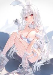 animal_ears blush leotard long_hair mmu original original_character red_eyes white_hair white_leotard