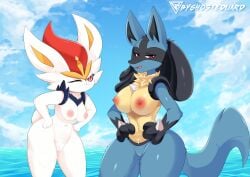 absurd_res anthro areola big_breasts blue_body breast_size_difference breasts byghosteduard cinderace day duo female generation_4_pokemon generation_8_pokemon genitals hi_res looking_at_viewer lucario medium_breasts nintendo nipples nude one_eye_closed outside pink_areola pink_nipples pokemon pokemon_(species) pussy thick_thighs video_games white_body wide_hips