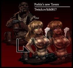 ahe_gao barmaid bartender beer beer_mug big_breasts darkest_dungeon kih0817 mod nipples_visible_through_clothing porkin sweaty sweaty_breasts wet_clothes wet_shirt winking