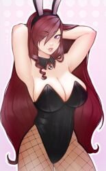 1girls armpits arms_behind_head arms_up bunny_ears bunnysuit collar female_only fishnets large_breasts looking_at_viewer mitsuru_kirijo persona persona_3 plain_background red_eyes red_hair solo solo_female triomegis