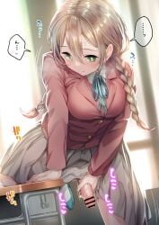 ... 1futa after_ejaculation ayanakitori bangs bar_censor bent_over big_penis blazer blue_ribbon blush bottomless_skirt braid breasts brown_hair censored classroom clothed clothing collared_shirt desk dickgirl dress_shirt erection erection_under_clothes erection_under_skirt french_braid futa_only futanari green_eyes grey_skirt hair_between_eyes heart highres human indoors intersex jacket leg_on_table leg_up light-skinned_futanari light_brown_hair light_skin long_hair looking_at_viewer male_masturbation masturbation medium_breasts mostly_clothed neck_ribbon one_knee original penis penis_out penis_under_clothes penis_under_skirt pink_jacket ribbon school_desk school_uniform schoolgirl shirt shoes skirt skirt_lift solo spoken_ellipsis spread_legs twin_braids uwabaki white_shirt wing_collar