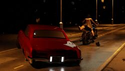 1girls 3d 3d_(artwork) barely_contained_breasts billie_eilish car celebrity female flipping_the_bird motor_vehicle motorcycle night nude sextus400