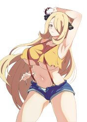 1girls arm_above_head armpits big_breasts blonde_hair blue_shorts bottomwear breasts busty cosplay cynthia_(pokemon) electric_snailq female female_only game_freak hair hair_ornament hair_over_one_eye huge_breasts kasumi_(pokemon) kasumi_(pokemon)_(cosplay) long_hair mature mature_female mature_woman navel panties pokeball pokemon pokemon_dppt pokemon_rgby sensual short_shorts shorts solo solo_female striped_panties suspenders thick_thighs thighs topwear undressing yellow_eyes yellow_topwear